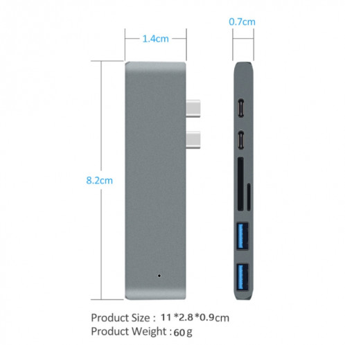 7 sur 1 100W USB 3.1 à 20VPD + Data de lecteur de carte + HUB + Convertisseur 4K HDMI 4K (gris) SH801A931-05