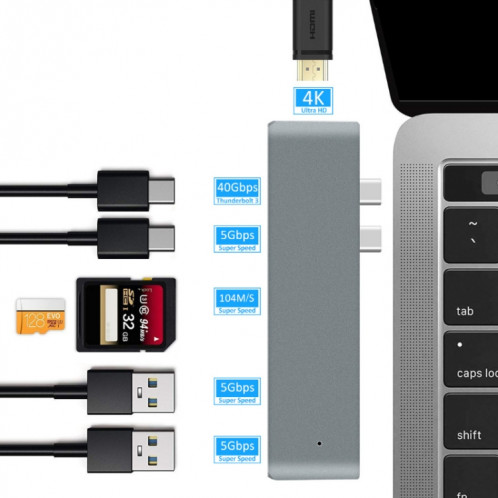 7 sur 1 100W USB 3.1 à 20VPD + Data de lecteur de carte + HUB + Convertisseur 4K HDMI 4K (gris) SH801A931-05