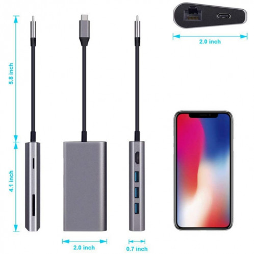 8 en 1 Type-C à HDMI + RJ45 Network Port + 3USB3.0 + Station d'accueil PD (Gris) SH901A1671-05