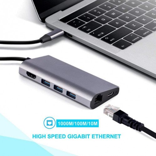 8 en 1 Type-C à HDMI + RJ45 Network Port + 3USB3.0 + Station d'accueil PD (Gris) SH901A1671-05