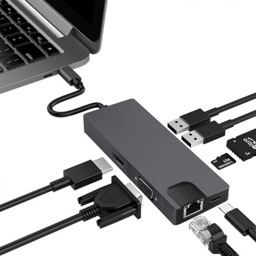 8 en 1 type-C à HDMI + VAG Gigabit RJ45 + Station d'accueil USB3.0 (gris) SH501A1411-06