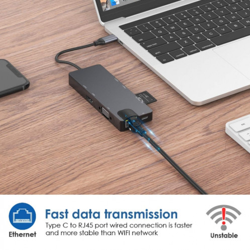 8 en 1 type-C à HDMI + VAG Gigabit RJ45 + Station d'accueil USB3.0 (gris) SH501A1411-06
