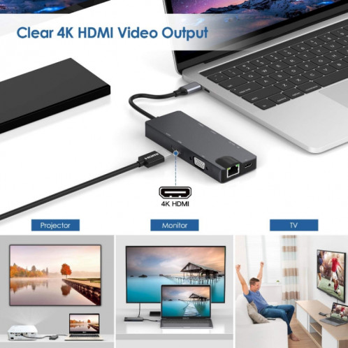 8 en 1 type-C à HDMI + VAG Gigabit RJ45 + Station d'accueil USB3.0 (gris) SH501A1411-06