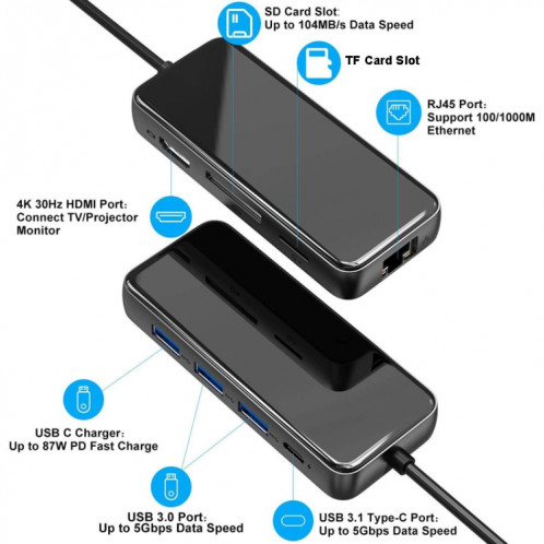 Type-C Extension Dock HDMI Miroir Miroir ordinateur portable 8 dans 1 Convertisseur (noir) SH001A585-05