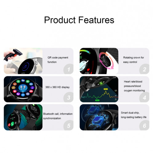 HD3 1,32 pouce de surveillance de la fréquence cardiaque Smart Watch with Payment Fonction (acier noir) SH801A921-07
