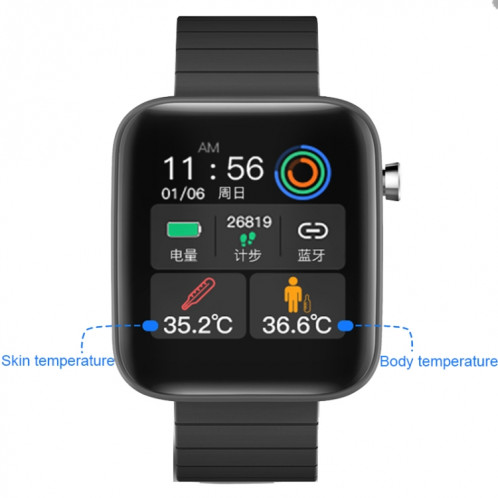 T68 1,54 pouce surveillance de la température corporelle Smart Watch avec fonction de lampe de poche (noir) SH401A609-07