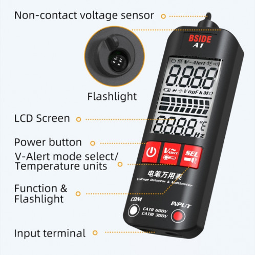 BSIDE A1 Multimètre de tension d'électricien de détection de haute précision à double mode intelligent sans batterie (noir) SB101A50-06