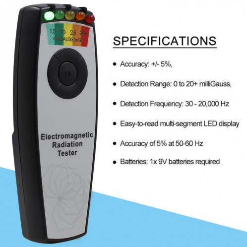 5 LED Champ électromagnétique EMF Gauss Meter Détecteur de chasse aux fantômes (sans batterie bleue) SH901B205-06