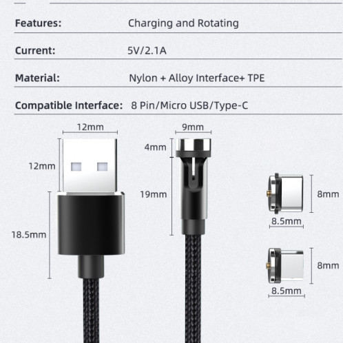 Câble de chargement de données rotatif avec prise anti-poussière à interface magnétique micro USB CC56, longueur du câble : 1 m (argent) SH101C1050-06