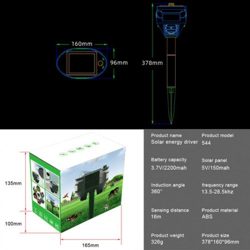 RC-544 Répulsif solaire extérieur à capteur infrarouge à ultrasons pour animaux (vert foncé) SH501A463-06