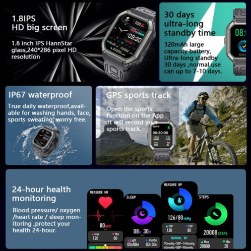 KR06 1,8 pouces fréquence cardiaque surveillance de la pression artérielle Smart Calling Watch (noir) SH101A710-07