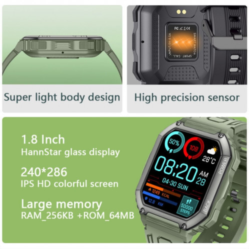 KR06 1,8 pouces fréquence cardiaque surveillance de la pression artérielle Smart Calling Watch (vert) SH101B308-07