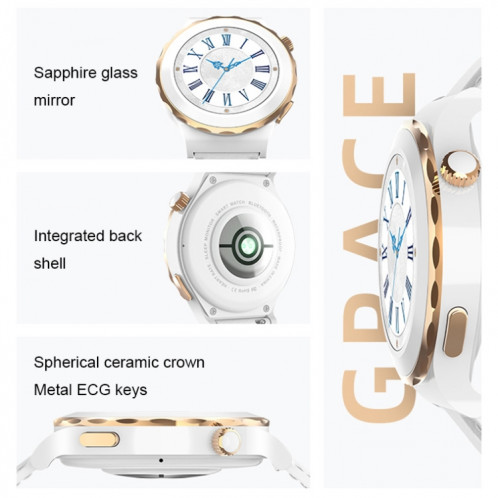 HW3 Mini montre intelligente de surveillance de la fréquence cardiaque/de l'oxygène sanguin avec fonction NFC (cuir blanc à coque argentée) SH201A1814-07