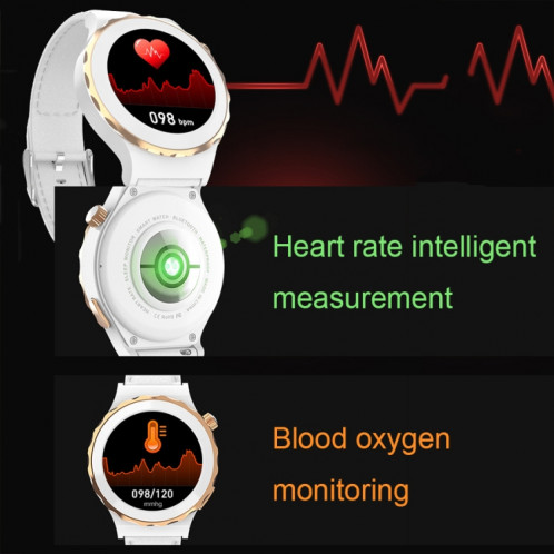 HW3 Mini montre intelligente de surveillance de la fréquence cardiaque/de l'oxygène sanguin avec fonction NFC (cuir blanc à coque argentée) SH201A1814-07