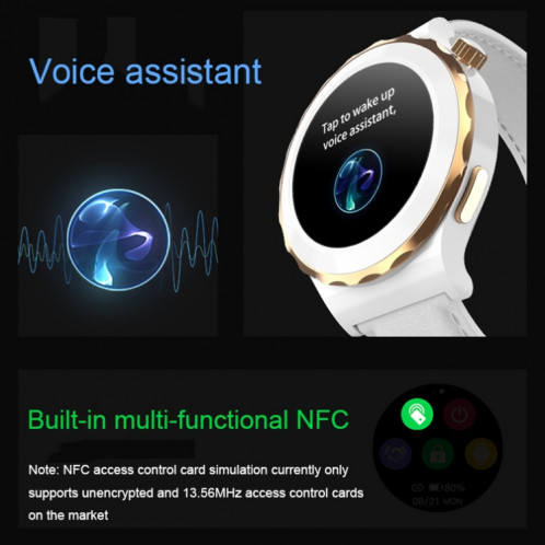 HW3 Mini montre intelligente de surveillance de la fréquence cardiaque/de l'oxygène sanguin avec fonction NFC (cuir blanc à coque argentée) SH201A1814-07