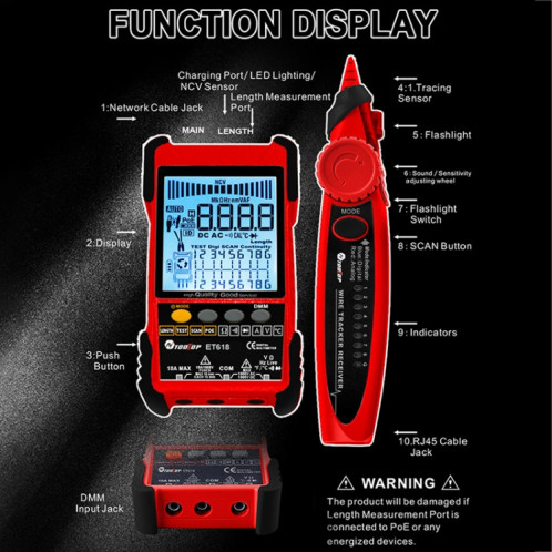 ET616 testeur de câble réseau réglable rechargeable testeur de câble POE (rouge) SH301R1492-011