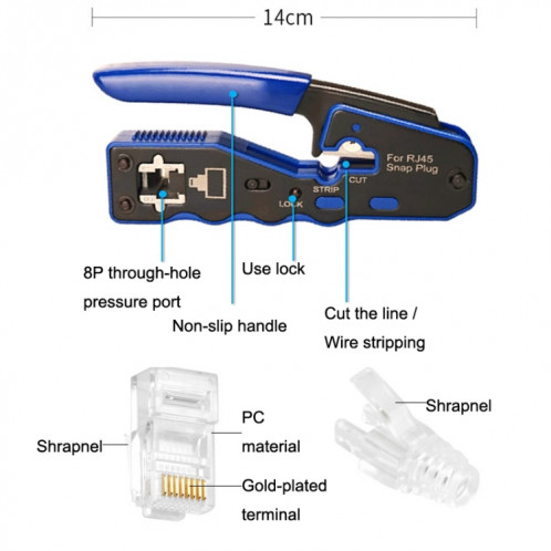 Rj45 8P Traversant Cristal Tête Connecteur Veste Réseau Outil Dénudage Fil Câble Pince Ensemble (Bleu) SH501A968-06