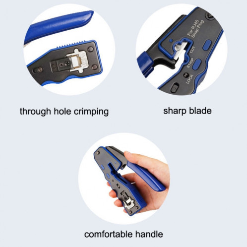 Rj45 8P Traversant Cristal Tête Connecteur Veste Réseau Outil Dénudage Fil Câble Pince Ensemble (Bleu) SH501A968-06