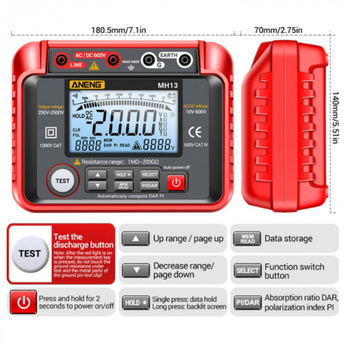 ANENG MH13 Testeur de résistance d'isolement de compteur électronique numérique haute tension (rouge) SA601A1269-06
