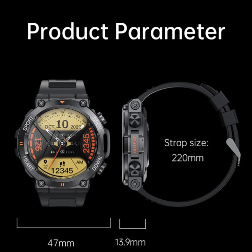 K56Pro 1,39 pouces fréquence cardiaque/pression artérielle/surveillance de l'oxygène sanguin montre intelligente d'appel (noir) SH501A647-07