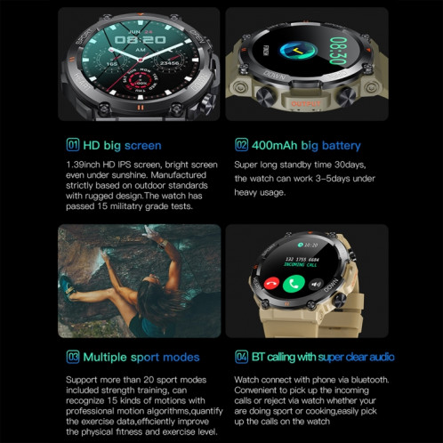 K56Pro 1,39 pouces fréquence cardiaque/pression artérielle/surveillance de l'oxygène sanguin montre intelligente d'appel (noir) SH501A647-07