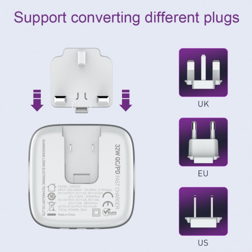 LDNIO A3513Q 32W QC3.0 Adaptateur téléphonique 3 ports USB Prise UE avec câble 8 broches SL7206890-07