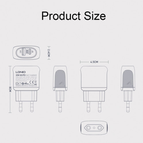 LDNIO A2316C 20W PD+QC 3.0 Téléphone USB Chargeur Rapide Multi-trous Prise UE avec Câble 8 Broches SL79011906-07