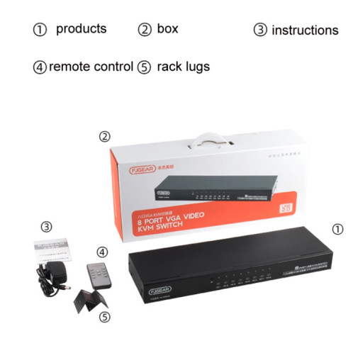 FJGEAR FJ-810UK Commutateur hôte VGA vers KVM 8 en 1 avec commutateur de bureau, (noir) SF601A1377-06