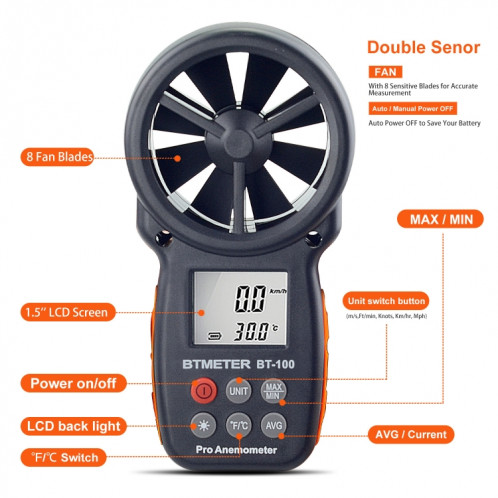 Anémomètre portatif BT-100 Instrument de mesure de la température du refroidissement éolien de la vitesse du vent (noir) SH901A911-06