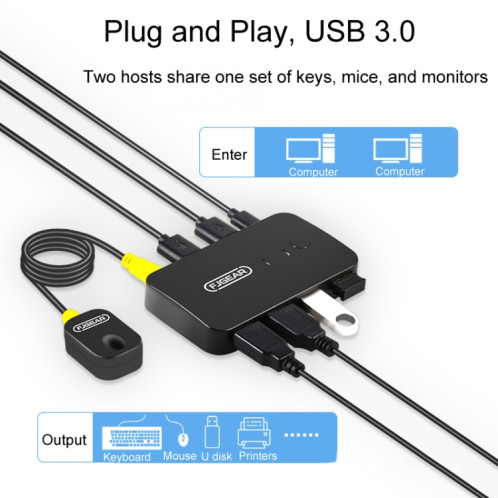 FJGEAR2 FJ-U302 Extenseur de commutateur partagé partagé USB 3 en 2 sorties avec câble de contrôleur de bureau SF06451581-06