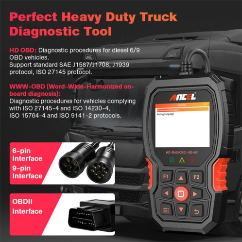 Scanner de diagnostic de camion lourd de détecteur de moteur diesel d'ANCEL HD601 24V SA16011675-06
