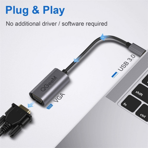 QGeeM QG-UA07-A Convertisseur vidéo multi-affichage à transfert haute vitesse USB 3.0 vers VGA (gris argenté) SQ801A410-06