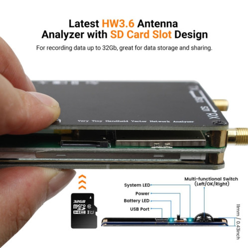 NANOVNA-H Version Améliorée 2,8 Pouces TFT 50Khz-1.5Ghz Analyseur d'Antenne Réseau Vectoriel MF HF VHF UHF avec Fente pour Carte SD sans Carte(Noir) SH801A207-07
