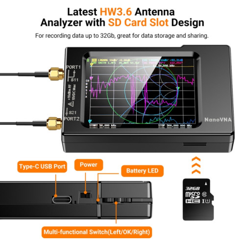 NANOVNA-H Version Améliorée 2,8 Pouces TFT 50Khz-1.5Ghz Analyseur d'Antenne Réseau Vectoriel MF HF VHF UHF avec Fente pour Carte SD sans Carte(Noir) SH801A207-07