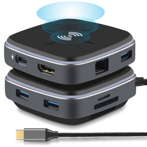 AY95 9 en 1 TYPE-C/USB-C HUB Extended Dock Concentrateur de charge rapide sans fil (Noir) SH701A522-09