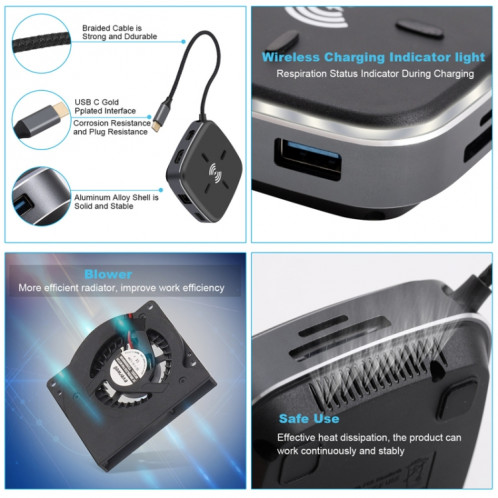 AY95 9 en 1 TYPE-C/USB-C HUB Extended Dock Concentrateur de charge rapide sans fil (Noir) SH701A522-09