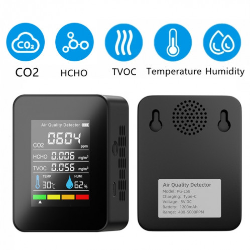 5 en 1 température humidité TVOC HCHO CO2 grand écran puissance moniteur numérique de qualité de l'air (noir) SH601A1288-07