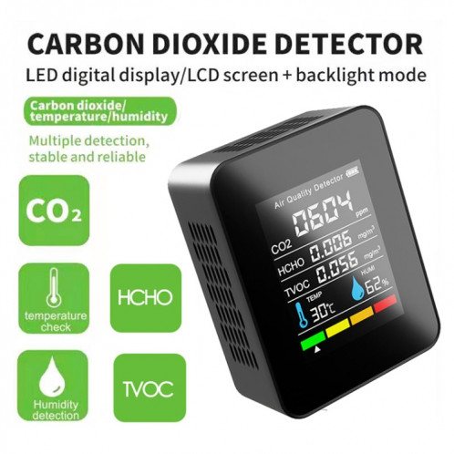 5 en 1 température humidité TVOC HCHO CO2 grand écran puissance moniteur numérique de qualité de l'air (noir) SH601A1288-07