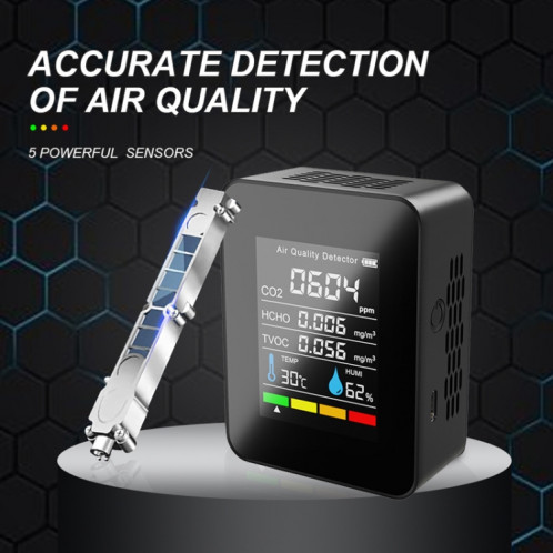 5 en 1 température humidité TVOC HCHO CO2 grand écran puissance moniteur numérique de qualité de l'air (noir) SH601A1288-07