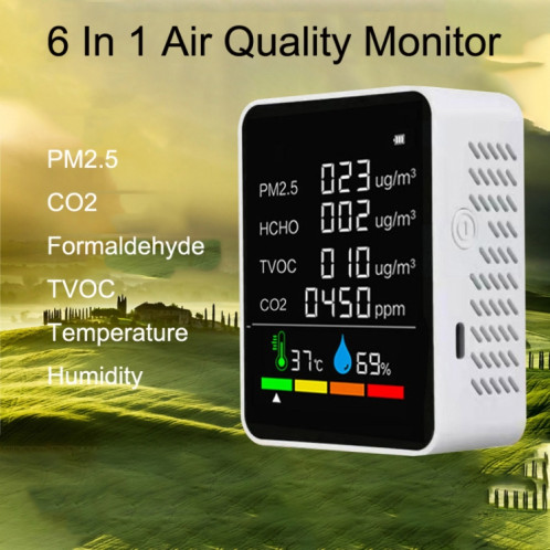 ZN-2COWT 6 en 1 PM2.5 Capteur infrarouge CO2 Formaldéhyde TVOC Température Détecteur d'humidité (Blanc) SH001A697-06