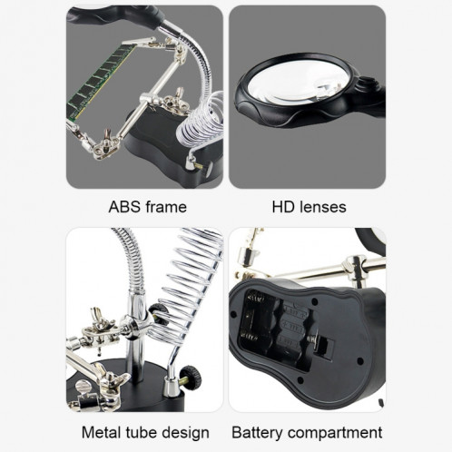 16126-A Loupe de réparation de montre de type support de lumière LED 3.5X / 12X avec clip auxiliaire SH2314942-06