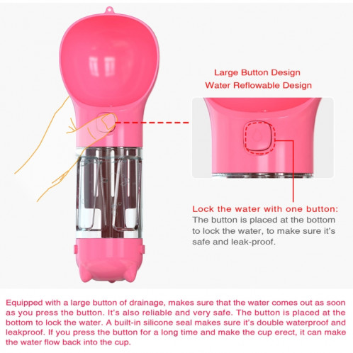3 en 1 fontaine à eau extérieure étanche pour chien bouteille à boire portable pour animaux de compagnie, taille: 300 ml + boîte à nourriture (rose) SH902B351-06