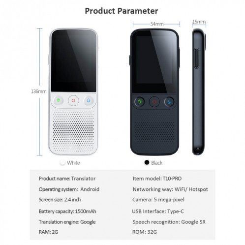T10Pro Wifi Intelligence Artificielle Photo / Machine de Traduction d'Enregistrement Prend en Charge 138 Langues (Noir) SH101B1770-012