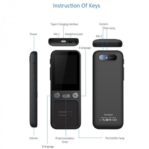 Le traducteur de voyage T16 Smart AI Translation prend en charge la traduction mutuelle en 138 langues 14 traduction hors ligne (noir) SH301A799-09