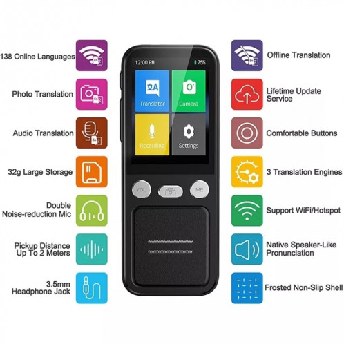 Le traducteur de voyage T16 Smart AI Translation prend en charge la traduction mutuelle en 138 langues 14 traduction hors ligne (noir) SH301A799-09