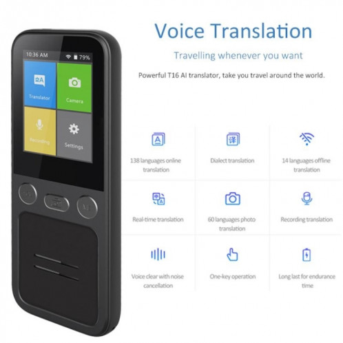 Le traducteur de voyage T16 Smart AI Translation prend en charge la traduction mutuelle en 138 langues 14 traduction hors ligne (noir) SH301A799-09