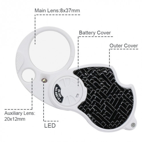 6901A Loupe pliante à double objectif 8X 20X avec lampe à LED et porte-clés (argent) SH501A1777-06