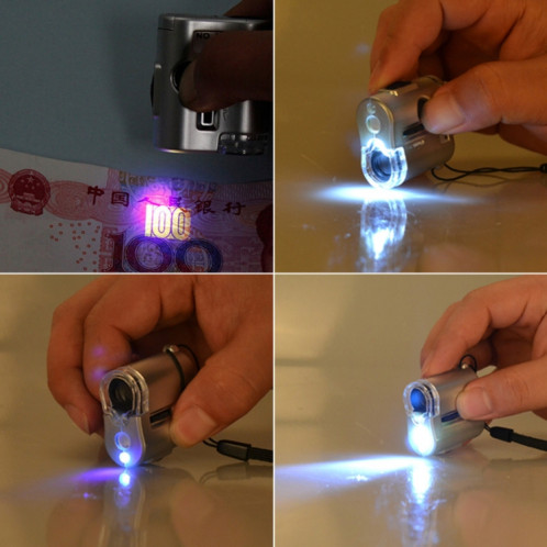 Microscope portatif 60X avec loupe d'identification de bijoux de lampe à LED avec corde de loquet d'étui en cuir SH441087-06