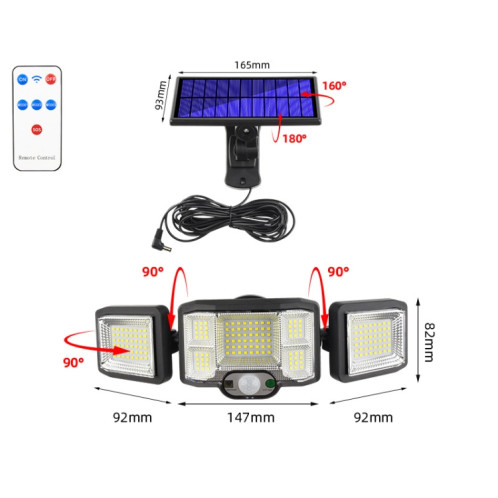 Applique murale solaire télécommandée à triple capteur de rotation à LED, spécification : 192LED Split SH9303456-06