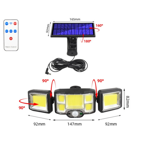 Applique murale solaire télécommandée à triple capteur de rotation à LED, spécification : 192COB Split SH93041507-06